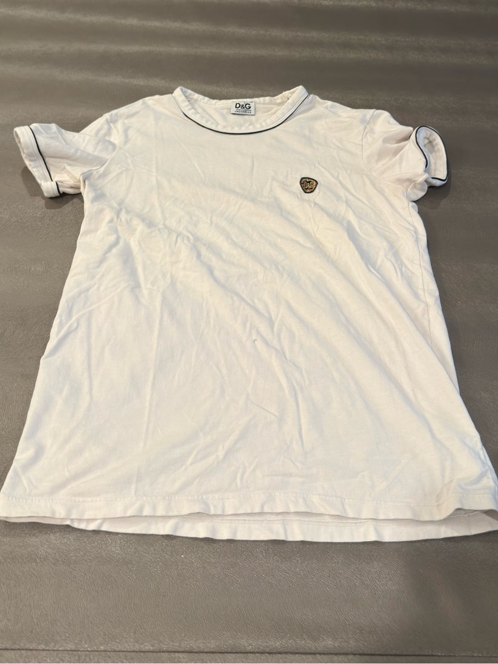 D&G White Tee with Contrast Piping and Crest Patch. Size XS